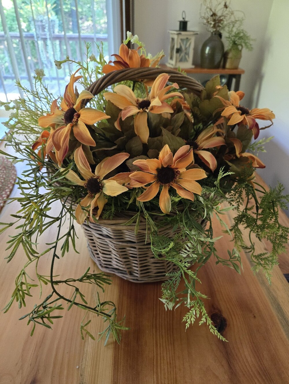 Fall Flower Arrangement Vintage Rustic Wicker Basket With Greenery & Flowers